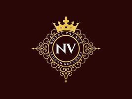 lettre nv logo victorien de luxe royal antique avec cadre ornemental. vecteur