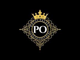 lettre po logo victorien de luxe royal antique avec cadre ornemental. vecteur
