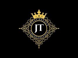 lettre jt logo victorien de luxe royal antique avec cadre ornemental. vecteur