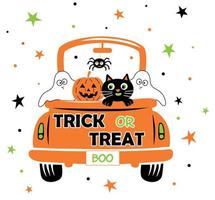 modèle de camion orange halloween avec différents personnages mignons fantôme, citrouille et chat. vecteur halloween camion avec truc ou friandise et boo texte sur le dos