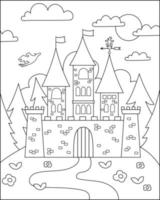 paysage de conte de fées noir et blanc de vecteur avec château sur une colline. fond de conte de fées. page de coloriage du royaume magique. illustration de paysage avec palais médiéval, tours, drapeaux, arbres, dragon volant