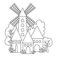 page de coloriage de vecteur icône de village médiéval avec moulin à vent. image du royaume magique. pierre, page de coloriage de bâtiment en bois. campagne avec tours, maisons, arbres. ville de campagne de conte de fées