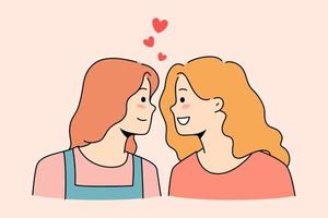 les filles heureuses regardent dans les yeux partagent l'amour et les émotions dans les relations amoureuses. souriante jeune couple de femmes lesbiennes romance. concept de relations lgbt et homosexuelles. illustration vectorielle. vecteur