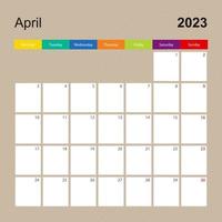 page de calendrier pour avril 2023, planificateur mural au design coloré. la semaine commence le lundi. vecteur