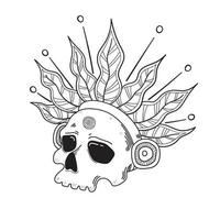 crâne humain mystique avec couronne de feuilles. magie, ésotérisme, occultisme. illustration de ligne vectorielle dessinée à la main isolée sur fond blanc. vecteur