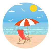 logo d'été avec parasol et chaise longue sur la plage de sable. illustration de plage d'été. illustration de stock de vecteur. vecteur