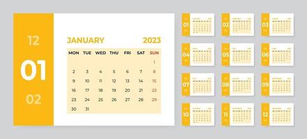 modèle de calendrier de bureau mensuel pour l'année 2023. la semaine commence le lundi vecteur