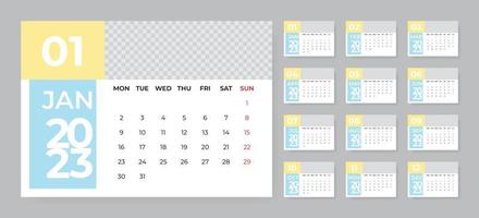 modèle de calendrier de bureau mensuel pour l'année 2023. la semaine commence le lundi vecteur
