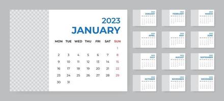 modèle de calendrier de bureau mensuel pour l'année 2023. la semaine commence le lundi vecteur