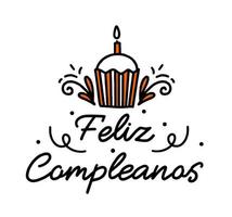 joyeux anniversaire en espagne. lettrage en espagnol avec gâteau et fioritures. illustration vectorielle vecteur