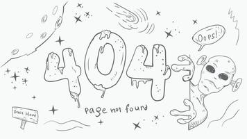 une page en noir et blanc pour la conception d'une application web erreur 404 grands nombres un extraterrestre regarde derrière la page sur fond d'étoiles un dessin de style doodle vecteur
