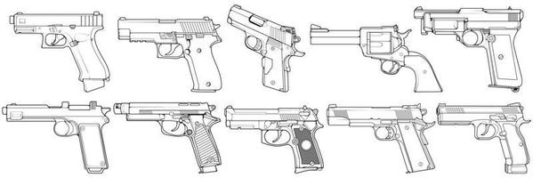 ensemble de pistolet d'arme de poing graphique noir et blanc détaillé. isolé sur fond blanc. ensemble de vecteurs. vecteur