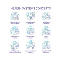 ensemble d'icônes de concept de gradient bleu des systèmes de santé. idée de transformation des soins de santé illustrations en couleur de ligne mince. médecine intégrative. symboles isolés. vecteur