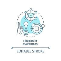 mettre en surbrillance l'icône de concept turquoise des idées principales. concentrez-vous sur les faits fondamentaux. technique d'apprentissage idée abstraite illustration de ligne mince. dessin de contour isolé. trait modifiable. vecteur