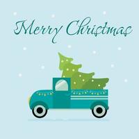 illustration vectorielle plane avec voiture de noël et sapin de noël. carte de voeux ou affiche. joyeux Noël. vecteur