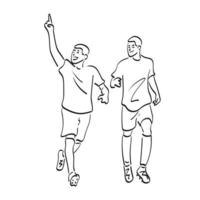 dessin au trait joueur de football célébrant son but avec son ami illustration vecteur dessiné à la main isolé sur fond blanc
