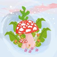 personnage de champignon sur fond de plante de feuilles et de fleurs vecteur