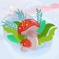 personnage de champignon sur fond de plante de feuilles et de fleurs vecteur