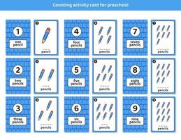 carte d'activité de comptage préscolaire avec illustration de crayon mignon pour les enfants qui apprennent l'éducation vecteur