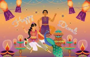 fête de diwali dansante colorée dessinée à la main vecteur