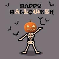 affiche d'halloween heureux sur fond gris. un squelette avec une citrouille au lieu d'une tête. vecteur