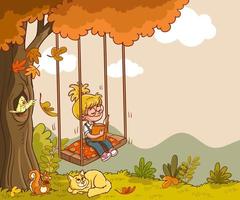 jolie fille se balançant et lisant un livre dans le parc d'automne.illustration vectorielle vecteur