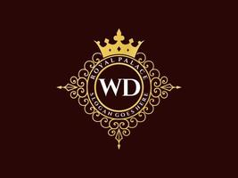 lettre wd logo victorien de luxe royal antique avec cadre ornemental. vecteur