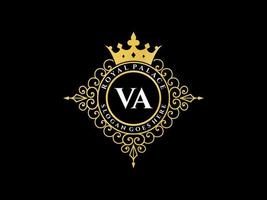 lettre va logo victorien de luxe royal antique avec cadre ornemental. vecteur