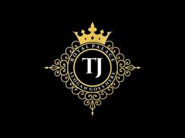 lettre tj logo victorien de luxe royal antique avec cadre ornemental. vecteur