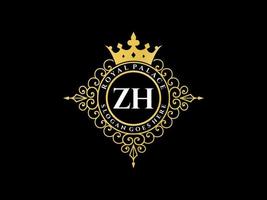 lettre zh logo victorien de luxe royal antique avec cadre ornemental. vecteur