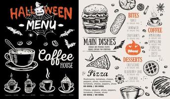 menu de café de restaurant, conception de modèle, menu d'halloween, dépliant de nourriture. vecteur