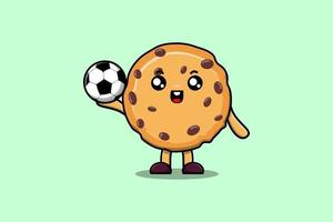 personnage de biscuits de dessin animé mignon jouant au football vecteur