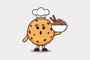 chef de biscuits de dessin animé mignon tenant des nouilles dans un bol vecteur