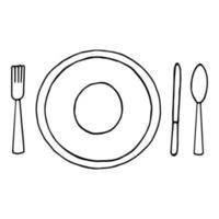 assiette, cuillère, fourchette, icône de couteau, concept. style de griffonnage dessiné à la main. image vectorielle, minimalisme, ensemble de table de croquis monochrome plats nourriture déjeuner couverts vecteur