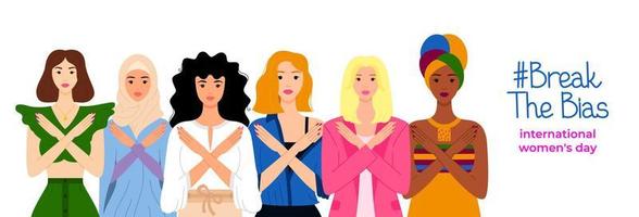 briser le biais. affiche horizontale avec des femmes de différentes ethnies et cultures côte à côte. bannière web de la journée internationale de la femme. 8 mars. la lutte pour les droits, l'indépendance
