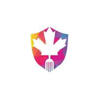 création de concept de logo alimentaire canadien. concept de logo de restaurant de cuisine canadienne. icône feuille d'érable et fourchette vecteur