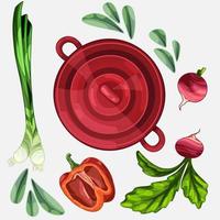 casserole fermée rouge. ingrédients de cuisine sont autour. radis, poivron, laurier et oignon vecteur