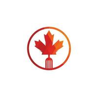 création de concept de logo alimentaire canadien. concept de logo de restaurant de cuisine canadienne. icône feuille d'érable et fourchette vecteur