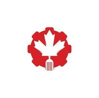 conception de concept de logo de concept de forme d'engrenage alimentaire canadien. concept de logo de restaurant de cuisine canadienne. icône feuille d'érable et fourchette vecteur