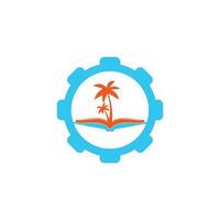 modèle de conception de logo de concept de forme d'engrenage de livre et de palmier. livre avec modèle de vecteur de symbole de conception de logo de palmier