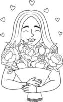 une fille avec un gros bouquet dans les mains. un bouquet de pivoines. illustration vectorielle noir et blanc en style cartoon. isolé sur fond blanc. pour un livre de coloriage. illustration vectorielle. vecteur