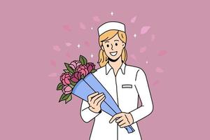 merci concept médecin et infirmières. femme souriante médecin ou infirmière debout avec bouquet de fleurs combattant l'illustration vectorielle du coronavirus vecteur