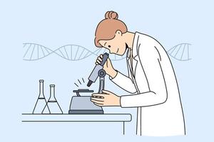 concept de science et de recherche en chimie. femme souriante chimiste en uniforme blanc debout regardant un microscope avec des flacons pour des tests en illustration vectorielle de laboratoire vecteur