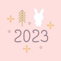 célébration tendance nouvel an 2023 imprimé avec lapin, chiffres, arbre et étoiles. vecteur