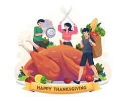 les gens cuisinent une énorme dinde de Thanksgiving et l'aromatisent avec des épices et des légumes. concept de dîner de nourriture de thanksgiving de vacances. illustration vectorielle vecteur