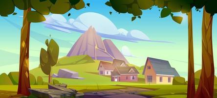 paysage d'été avec montagne, maisons de village vecteur
