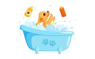 toilettage de chien dans un bain avec du shampoing pour animaux de compagnie. chiot chihuahua ludique en service de toilettage. illustration vectorielle vecteur