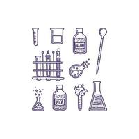 ensemble d'objets dessinés à la main associés à la chimie et aux expériences. tubes à essai, pipette, agents chimiques. illustration vectorielle dans le style doodle vecteur