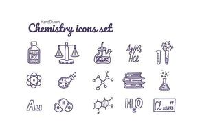 jeu d'icônes de chimie. tubes à essai, réactions, atome, molécules, formule et autres éléments scientifiques. illustration vectorielle dans le style doodle vecteur