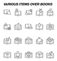livre, lecture, roman, éducation. trait modifiable. icône de ligne vectorielle sertie de symboles de coeur, diamant, cocktail et autres éléments à côté du livre ouvert vecteur